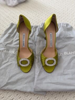 Manolo Blahnik Lime Satin D'Orsay Heels with Crystal Buckle